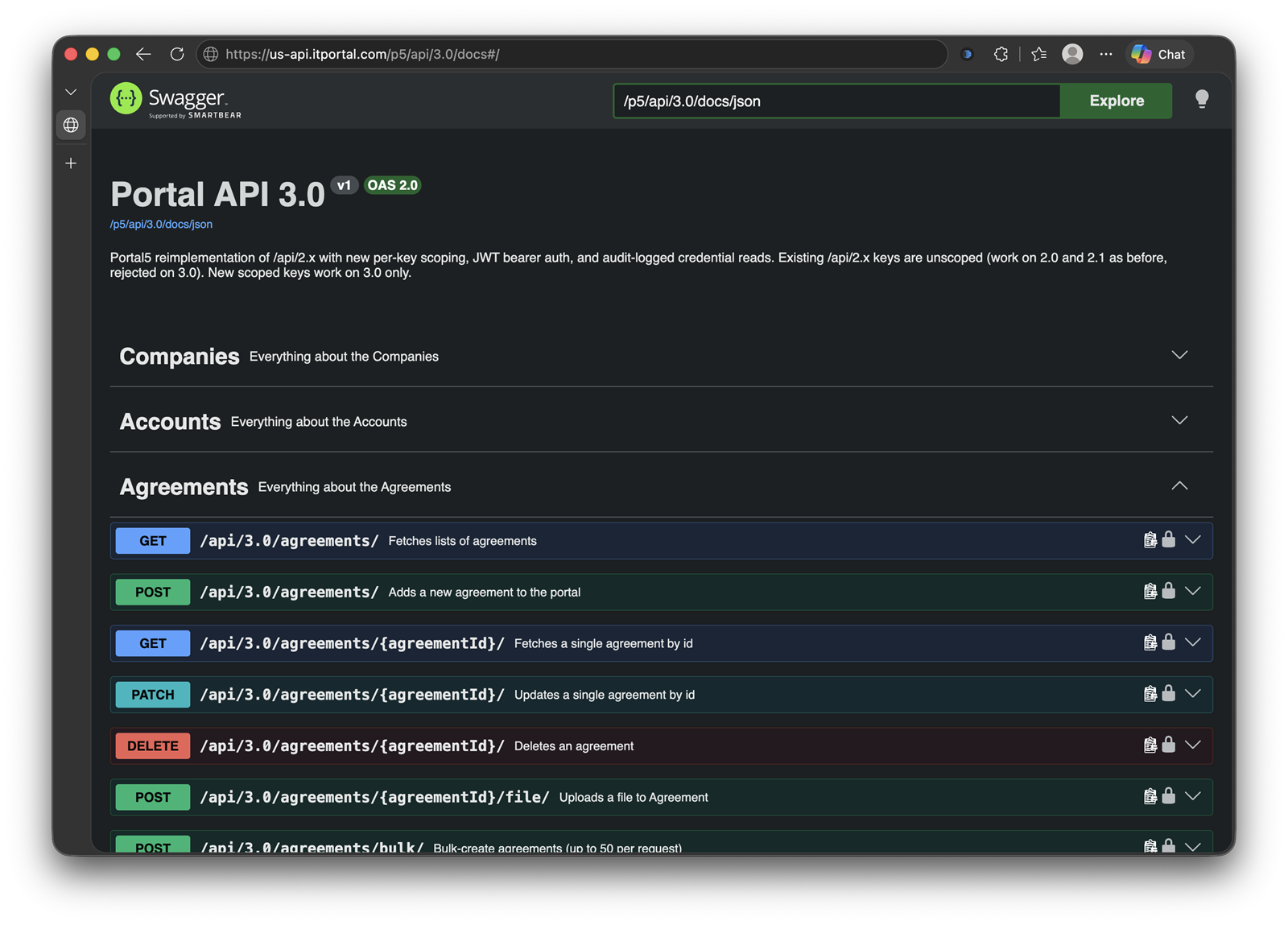 IT Portal Open API 3.0 Swagger documentation showing Agreements endpoints